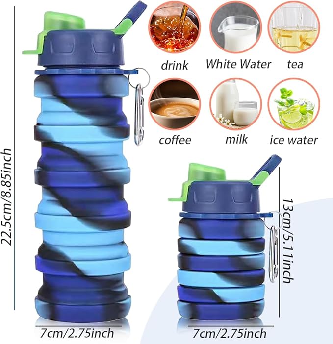 Silicone Collapsible Water Bottles, 16oz 500ml Portable Foldable Expandable - Image 2