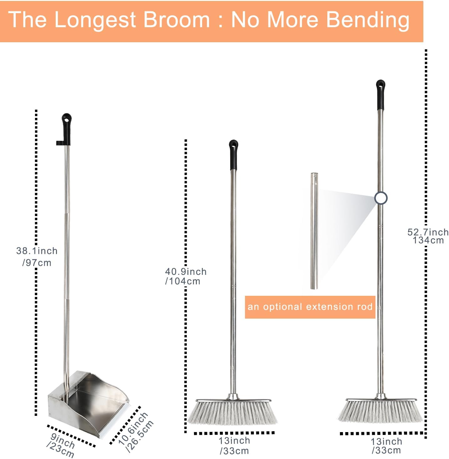 Broom and Dustpan Set,Soft Bristles Indoor Kitchen Broom with Stainless Steel Dustpan ，Metal Dust Pan，Silvery White, Suitable for Ceramic Tiles, Solid Wood, Composite Flooring