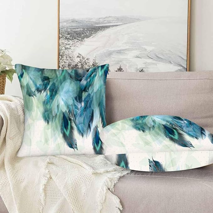 Peacock Feather 18 X 18 Pillow Covers Watercolor Gradient Blue Soft Halo Green - Image 5