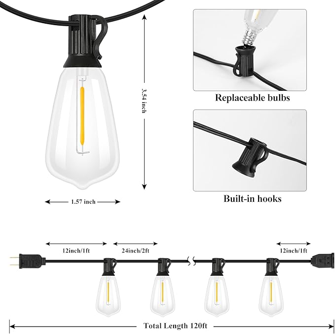 Brightever 120FT Outdoor String Lights Waterproof, 2700K Bright LED Patio Lights - Image 3