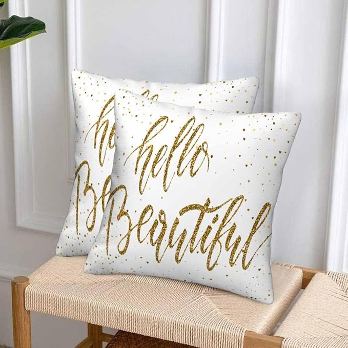 Hello Beautiful Bling Pillow Covers 18 X 18 Gold Glitter Motivational Quote Set - Image 4