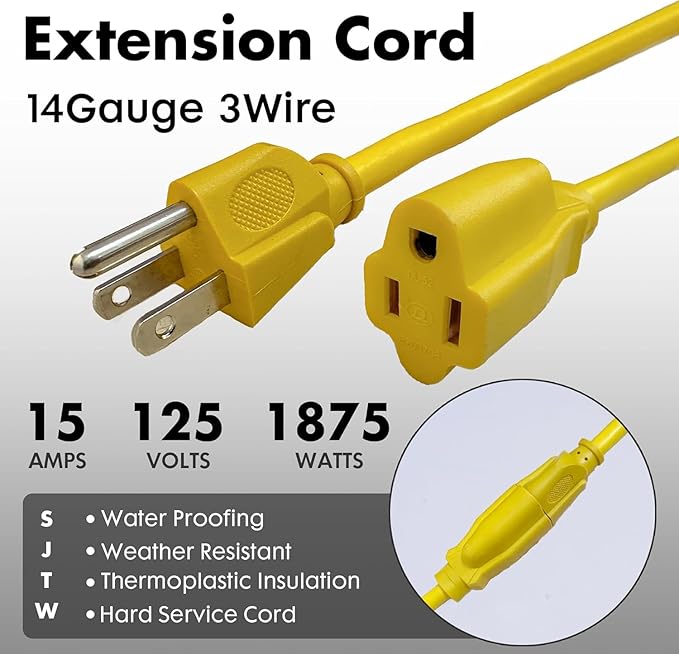 3ft Yellow Extension Cord Waterproof, UL Listed, 14/3 SJTW Heavy Duty 3 Prong - Image 2
