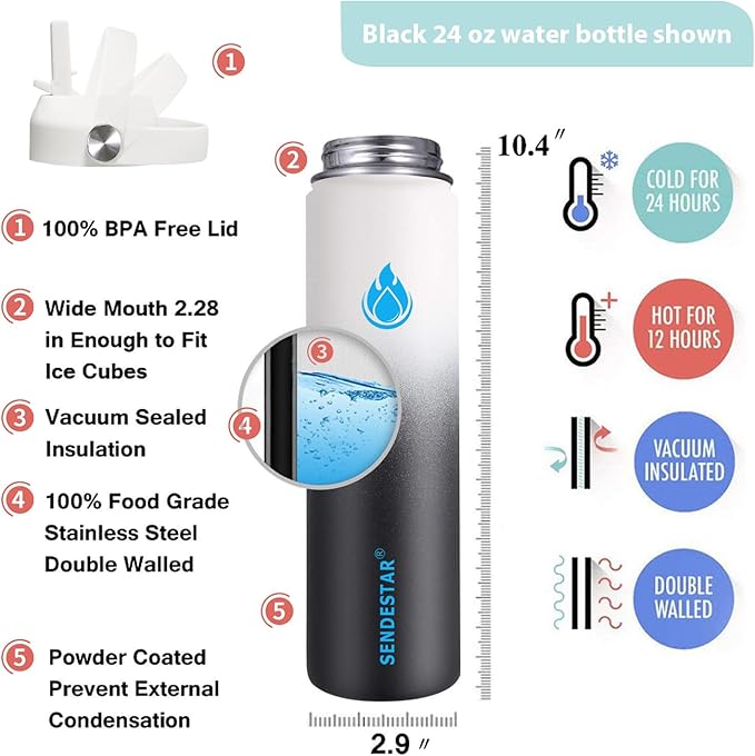 SENDESTAR Stainless Steel Wide Mouth Water Bottle 24oz Double Wall Vacuum - Image 4