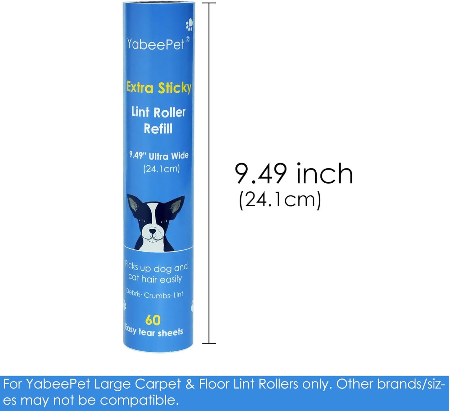 9.49'' Extra Sticky Large Lint Roller Refills, 4-Pack Giant Roller Refills for Carpets, Couch, Floor, Clothing, and Pet Hair Cleaning, 60 Sheets per Roll (240 Sheets Total)