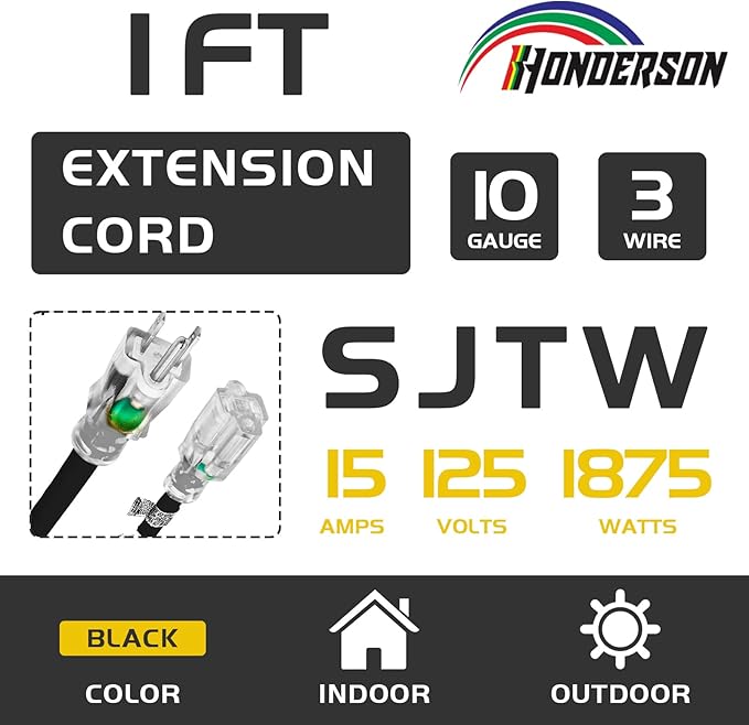 Extension Cord with Lighted End, UL Certified, 10 Gauge 1FT Black 3 Prong Heavy - Image 2