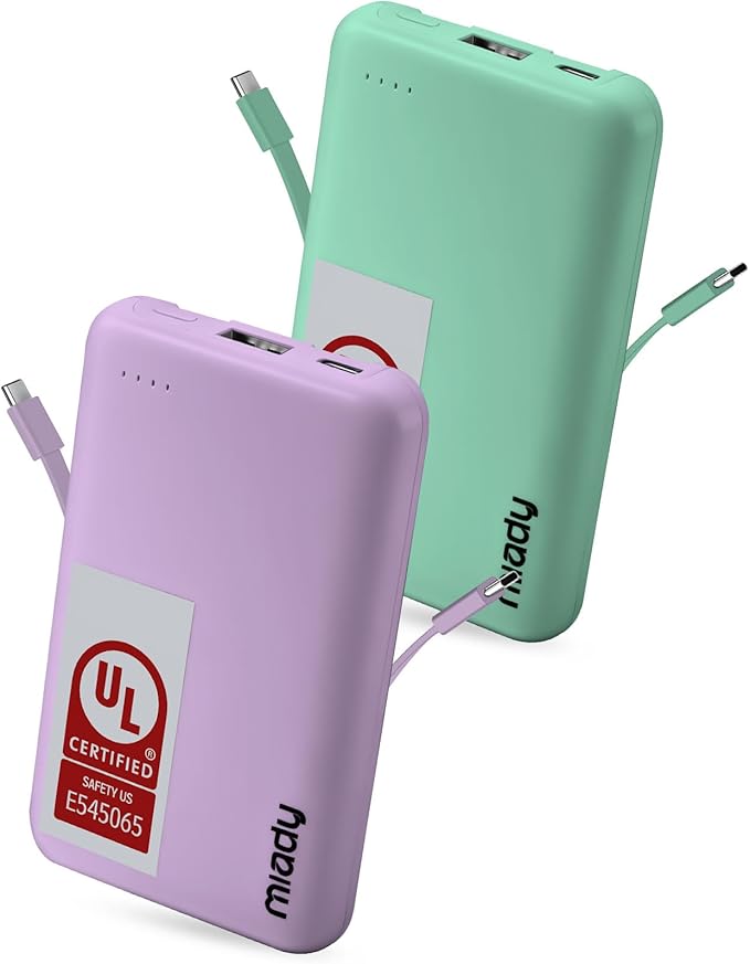 Miady 2-Pack Small Portable Charger UL Listed, 5000mAh Slim Power Bank Built-in by Miady