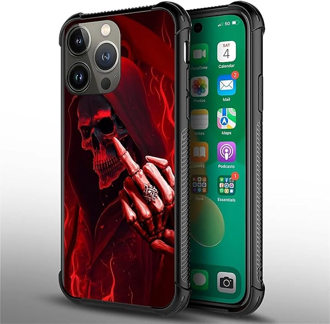for iPhone 13 Pro Case, Gestures Funny Skull Pattern Graphic Design Girl Boy - Image 6