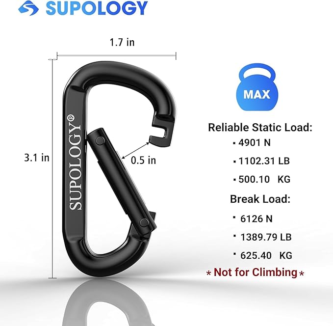 Heavy Duty Carabiner Clip, Steel Carabiners 1100lbs 3" D Shaped Spring Hook - Image 4
