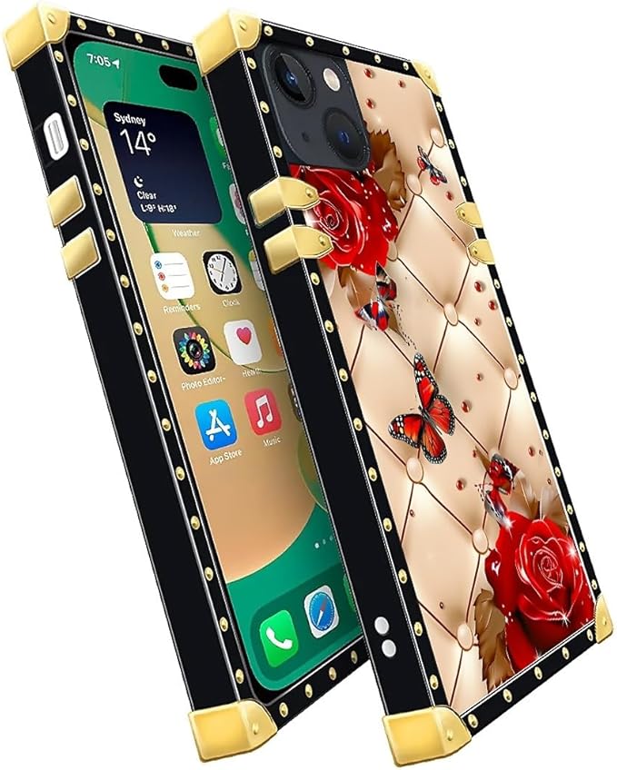 Compatible with iPhone 14 Case, Shining Red Rose Butterfly Leather Background - Image 3