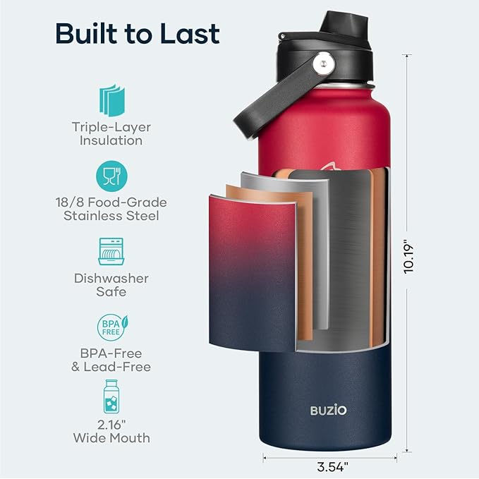 BUZIO 40oz Insulated Water Bottle, Triple Wall Vacuum Stainless Steel Water - Image 4