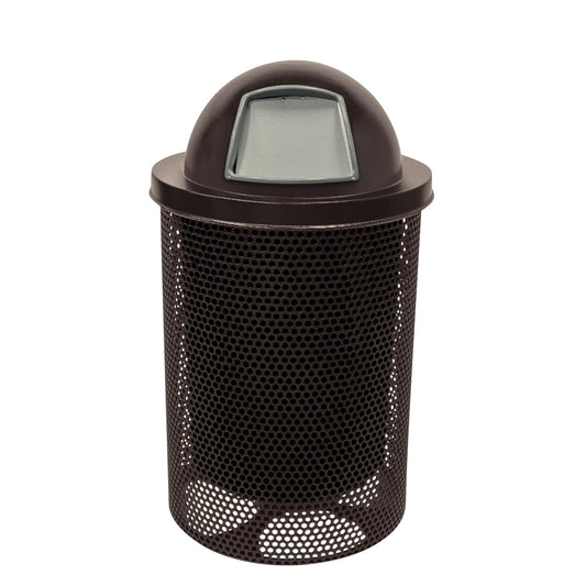 COATEDOUTDOORFURNITURE RDT-P-BRW Heavy Duty Round Trash Receptacle with Dome Top, Liner Included, 32 Gallon, Brown, Made in America