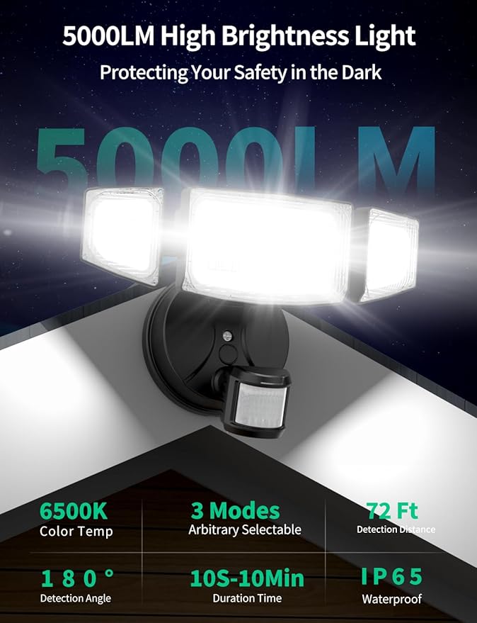 iMaihom 50W Motion Sensor Outdoor Lights, 5000LM Hardwired Motion Sensor Flood - Image 3