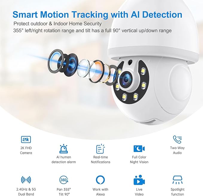 Light Bulb Security Camera, 5G&2.4GHz WiFi Light Bulb Camera Outdoor, 2-in-1 - Image 2