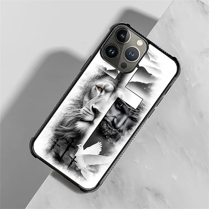 for iPhone 15 Pro Max Case, Lion Cross Jesus Christ Dove Pattern Graphic Design - Image 2