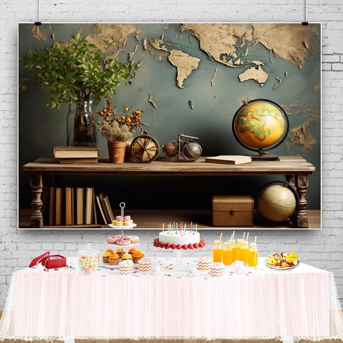 7x5ft Vintage World Map Backdrop Wooden Desk Globe Photography Background Study - Image 5