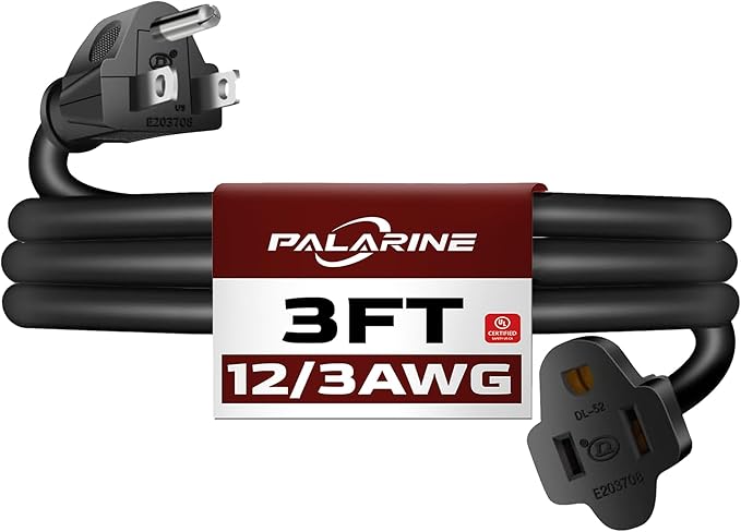 3ft Black Extension Cord Waterproof, UL Listed, 12/3 SJTW Heavy Duty 3 Prong by PALARINE