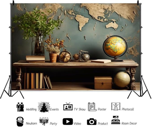 7x5ft Vintage World Map Backdrop Wooden Desk Globe Photography Background Study - Image 2