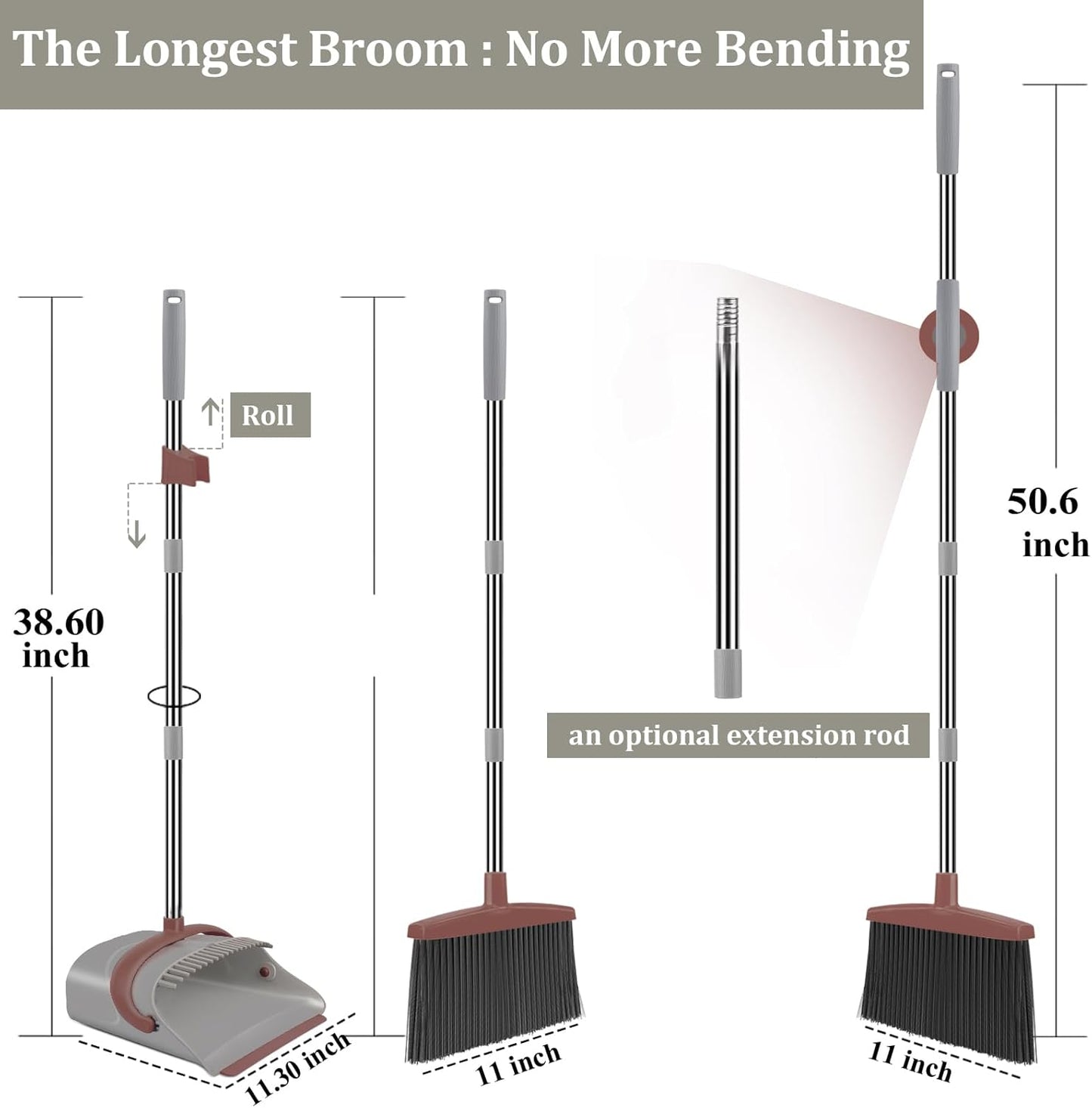 Ivandar Broom with Dustpan Combo Set, 50.6 inch Long Handle, Upright Standing Broom and Dustpan Set Quiet Cleaning Tool Sweep The Floor Dust pan Removes 4 Times More Pet Hair(Brown and Gray)