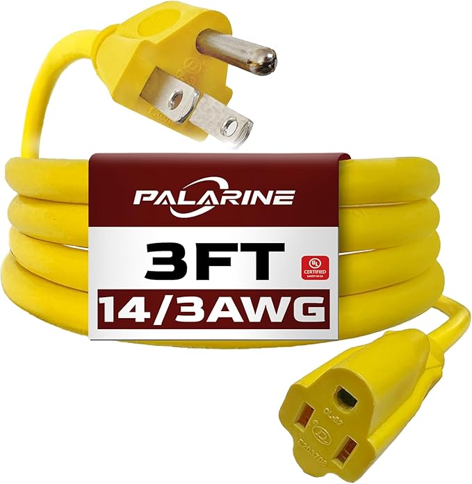 3ft Yellow Extension Cord Waterproof, UL Listed, 14/3 SJTW Heavy Duty 3 Prong by PALARINE