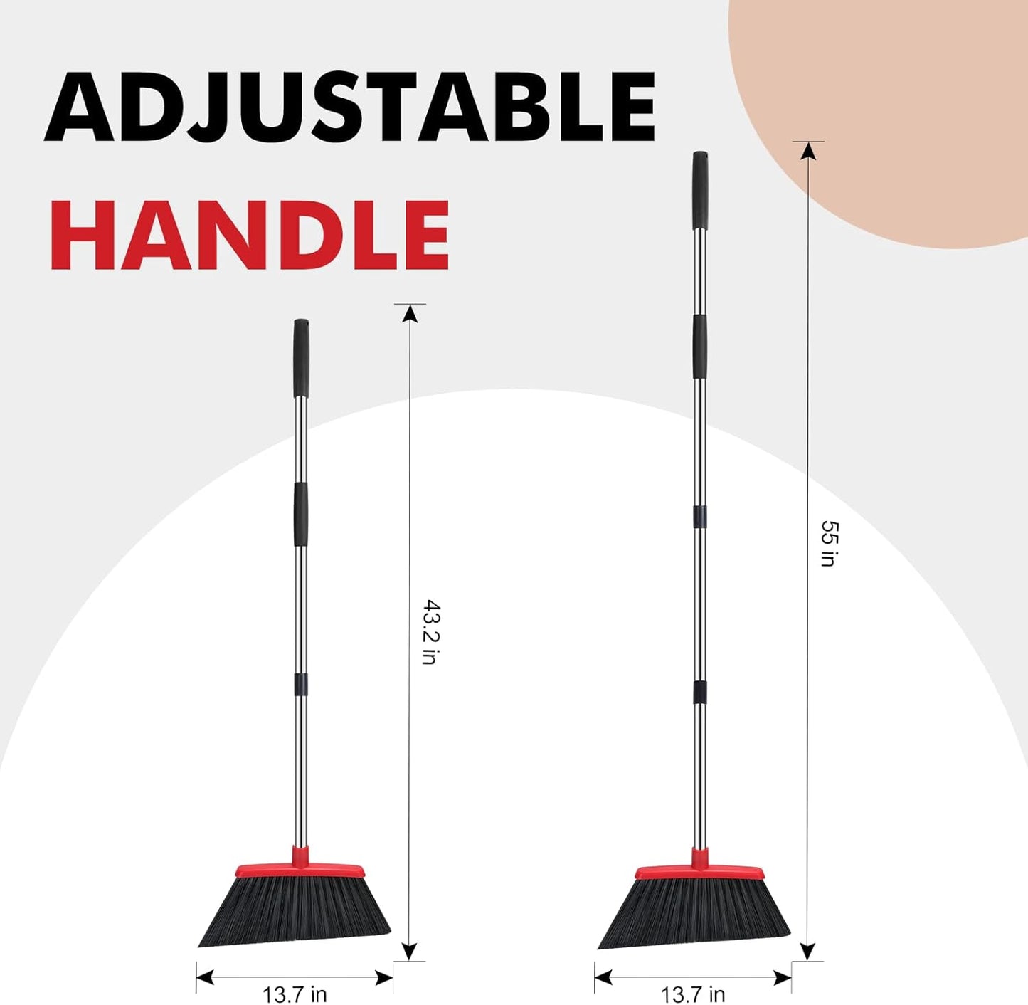 NACENA Heavy Duty Broom, 55 Inch Long Handle Outdoor Large Angle Brooms, Commercial Broom for Sweeping Indoor, for Home Garage Kitchen Office Courtyard Lobby Patio Lawn Concrete, 2 Pack (Black&Red)