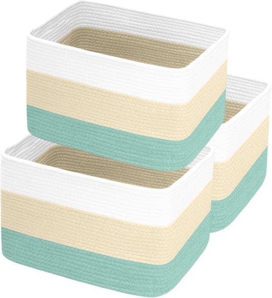 Hopegiver Woven Storage Baskets 15x11x10 Inch, 3 Pack Collapsible Cube Storage Bin for Shelves - Foldable Cotton Rope Organizer Bins for Towels, Toys, Books, Closet, Nursery (White Cream Green)