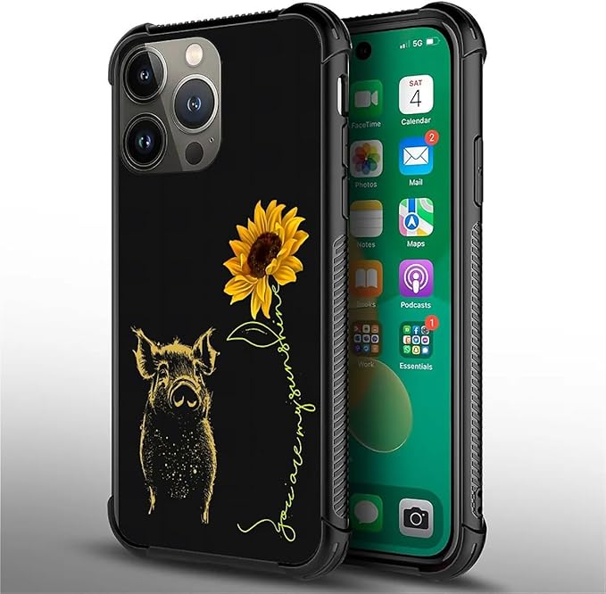 for iPhone 14 Pro Case, Pig Sunflower Yellow Sunshine Pattern Graphic Design - Image 4