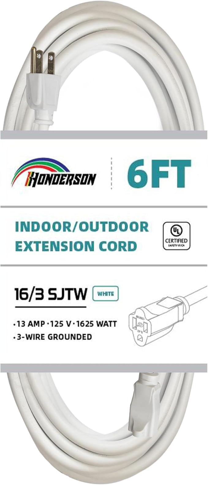 Indoor Outdoor Extension Cord Weatherproof, UL Listed, 16 Gauge 6FT White 3 by HONDERSON