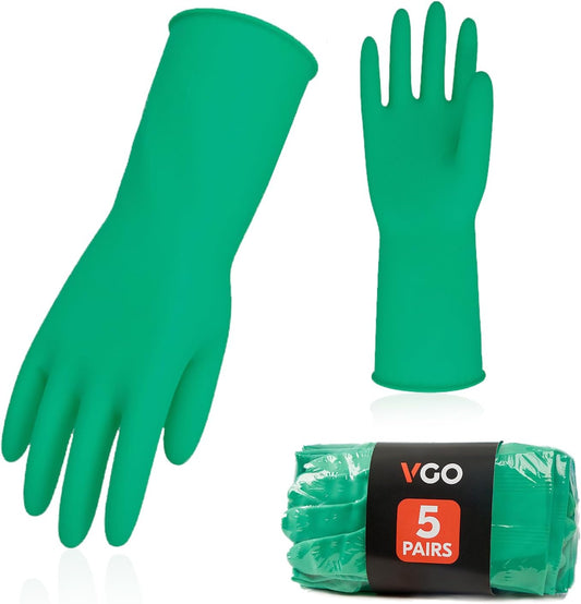 Vgo... 5-Pairs Reusable Household Gloves, Rubber Dishwashing gloves, Extra Thickness, Long Sleeves, Kitchen Cleaning, Working, Painting, Gardening, Pet Care (Size S, Green, HH4601)