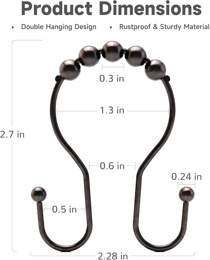 Bathway Shower Curtain Hooks Bronze Shower Curtain Rings Rust Proof Double Hook - Image 5