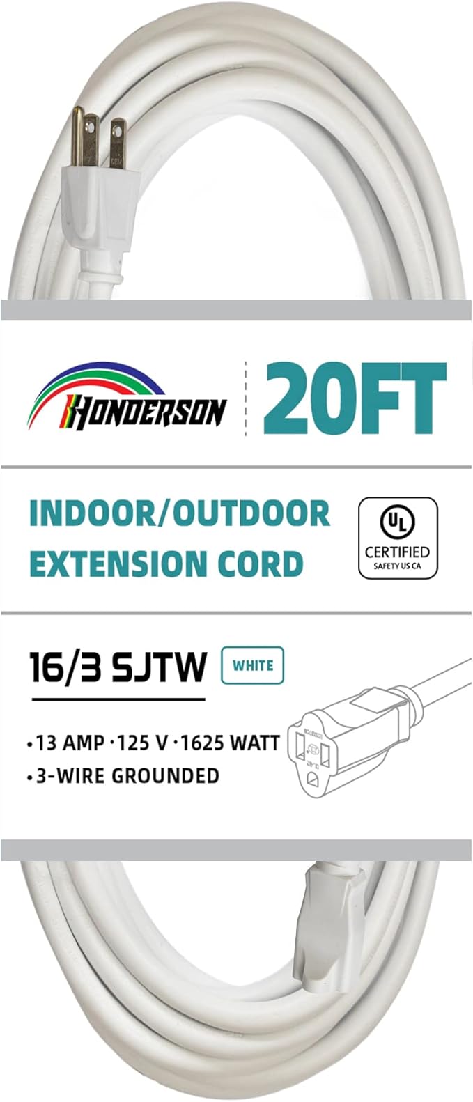 Indoor Outdoor Extension Cord Weatherproof, UL Listed, 16 Gauge 20FT White 3 by HONDERSON