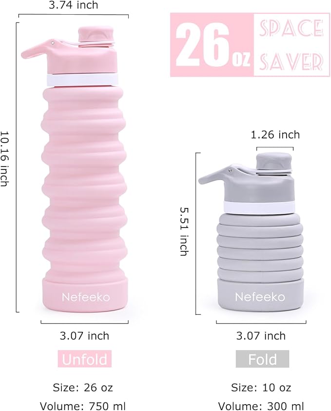 Nefeeko Collapsible Water Bottle, 26oz Silicone Foldable Water Bottles - Image 3