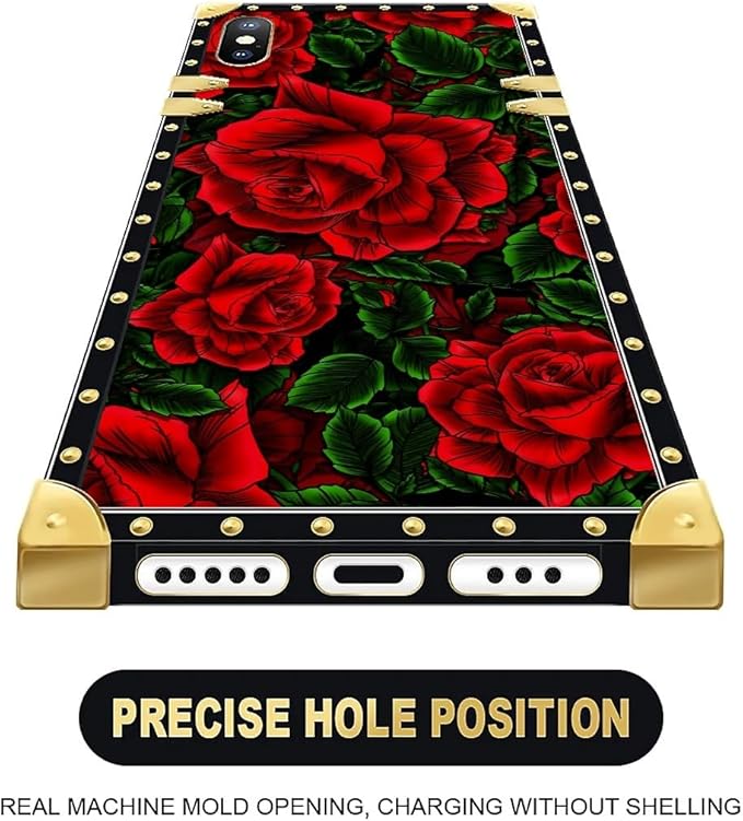 Compatible with iPhone Xs Max Case, Vector Red Rose Green Leaf Luxury Golden - Image 5