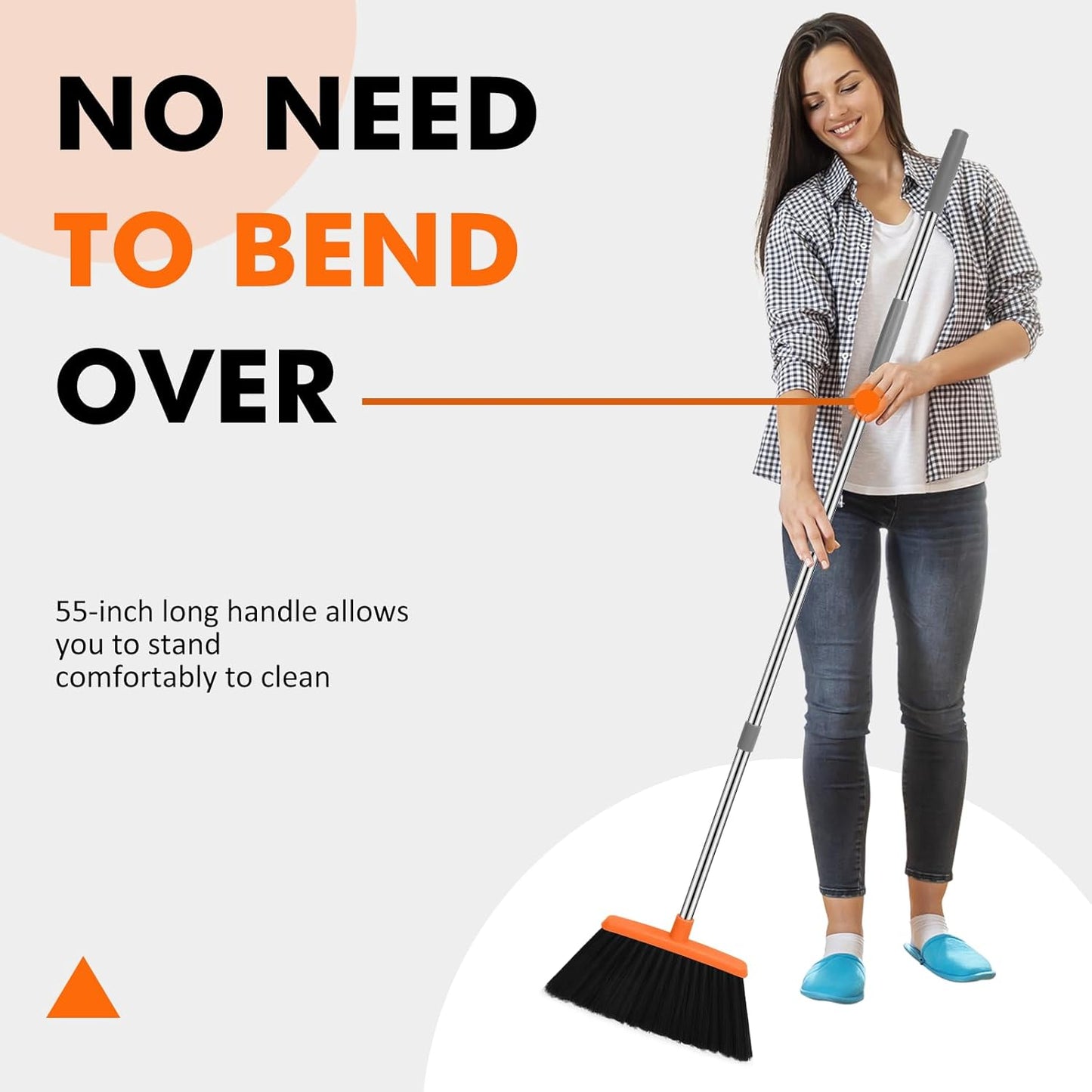 NACENA Heavy Duty Broom, 55 Inch Long Handle Outdoor Large Angle Brooms, Commercial Broom for Sweeping Indoor, for Home Garage Kitchen Office Courtyard Lobby Patio Lawn Concrete (Grey&Orange)