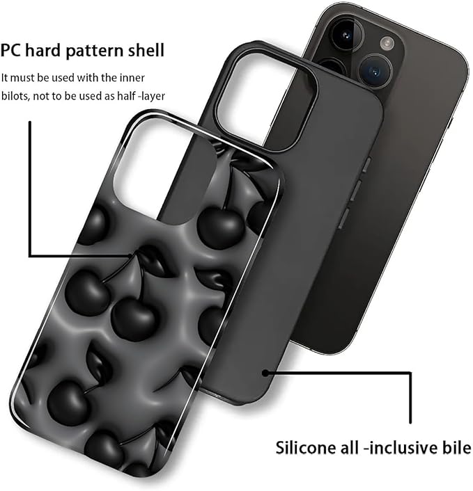for iPhone 14 Pro Case, HL2 Cute Cool Cherry Black Hybrid 2 Layer Hard Shell - Image 3