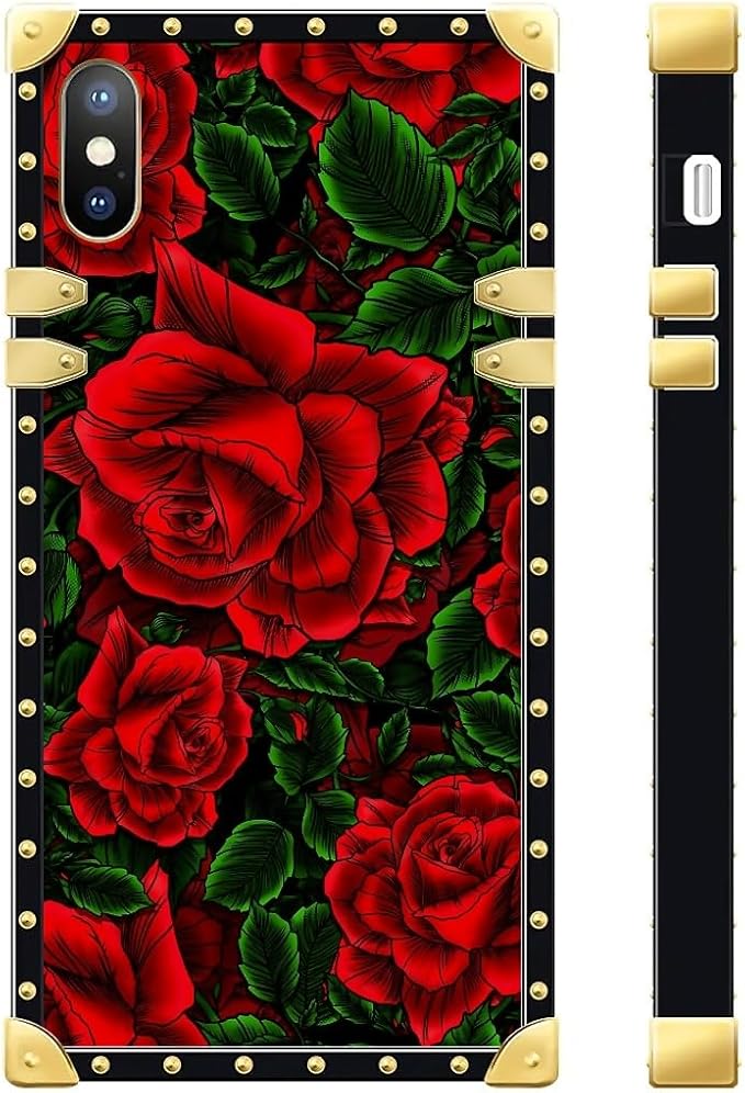 Compatible with iPhone Xs Max Case, Vector Red Rose Green Leaf Luxury Golden - Image 3