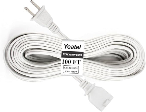 100 FT White Extension Cord, 2 Prong Extension Cord 18AWG SPT-2 Flat Cord by Yeatel