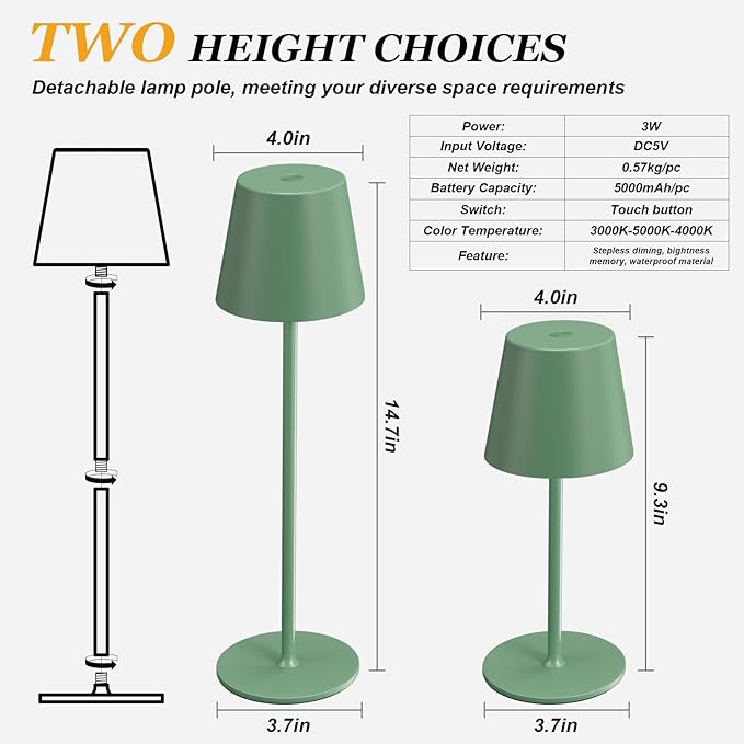 Kakanuo Cordless Table Lamp Rechargeable Green - Image 5