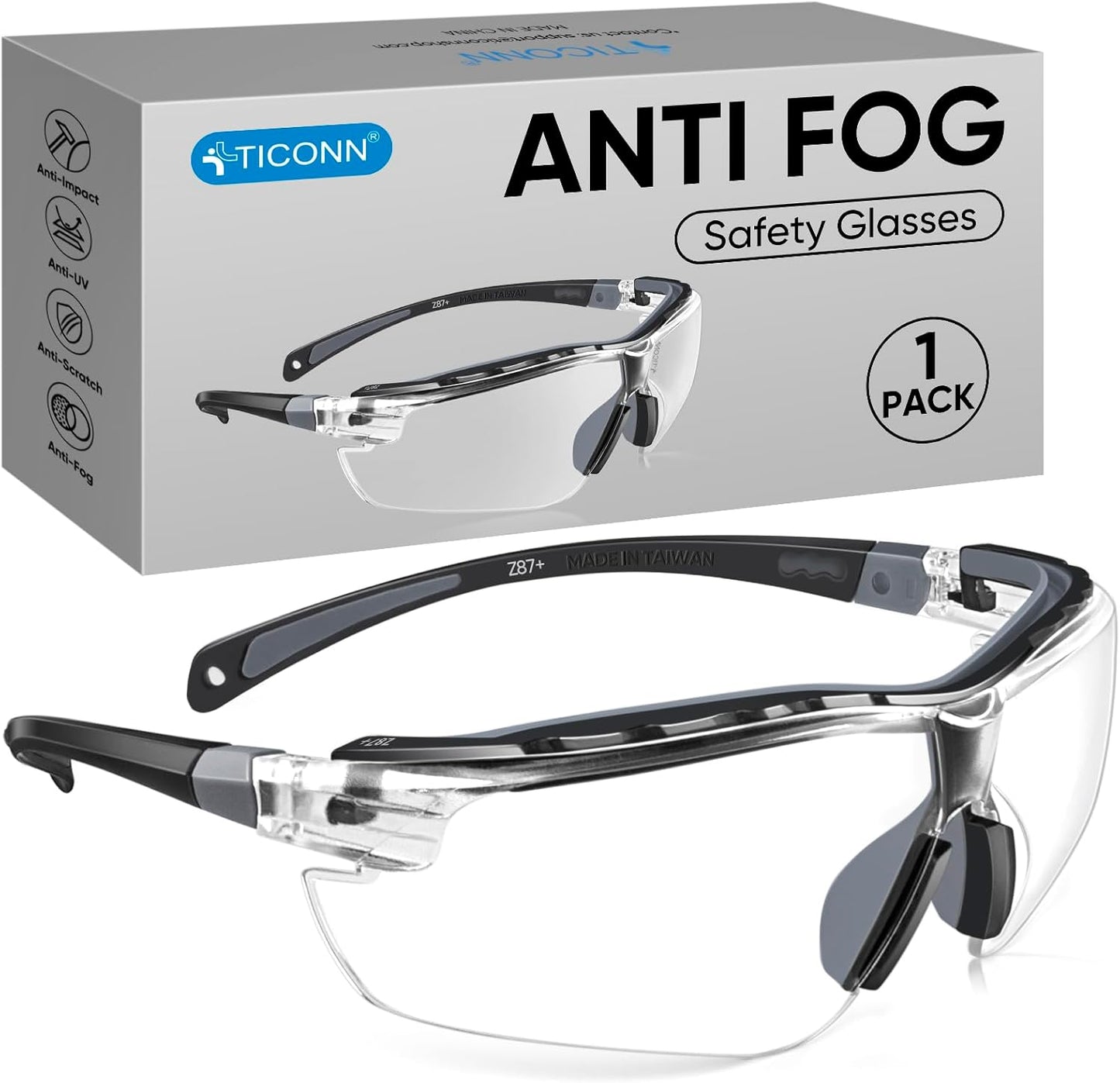 TICONN Anti-Fog Safety Glasses for Men and Women, ANSI Z87.1 Scratch Proof Eye Goggles with Adjustable Arms and UV Protection