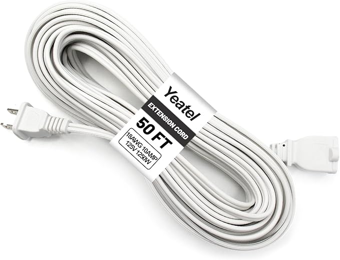 50 ft Extension Cord, 2 Prong Indoor Power Cord, 18AWG SPT-2 Flat Cord Design by Yeatel