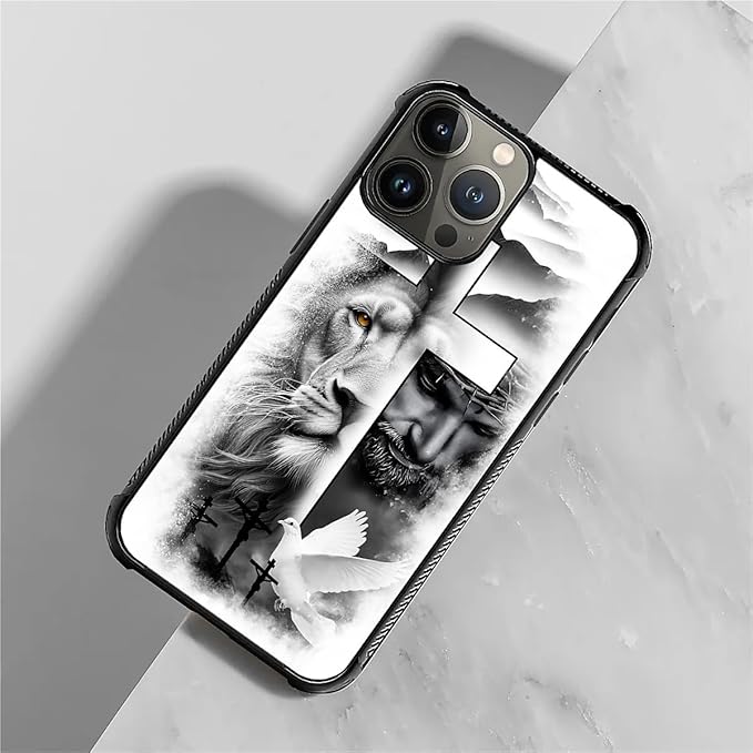 for iPhone 15 Pro Case, Lion Cross Jesus Christ Dove Pattern Graphic Design - Image 2