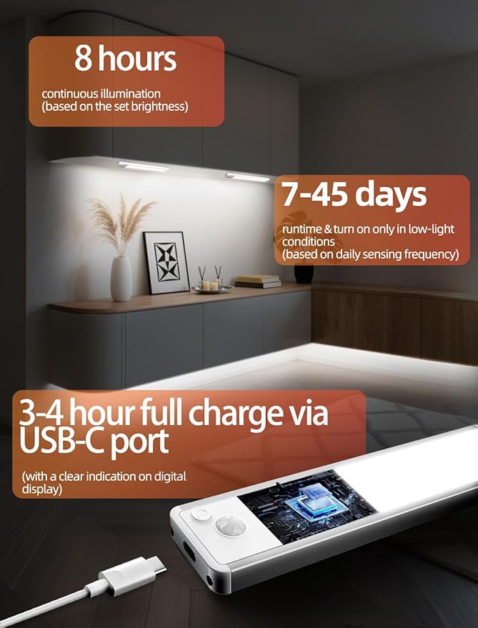 Under Cabinet Rechargeable Lighting: 8 Inch Motion Sensor Dimmable Lights Indoor - Image 9