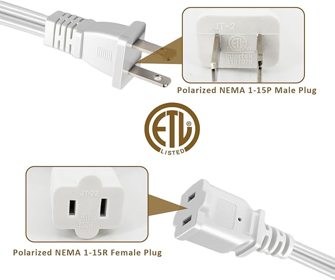 25 FT 2 Prong Extension Cord, 18AWG SPT-2 Indoor Male to Female Power Cord ETL - Image 7