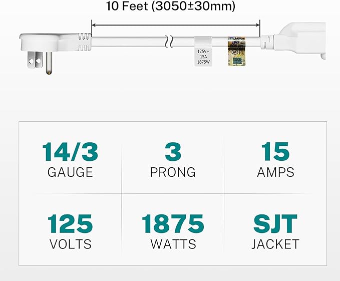 FIRMERST 1875W 10 Feet Extension Cord Heavy Duty Low Profile White 15A - Image 2
