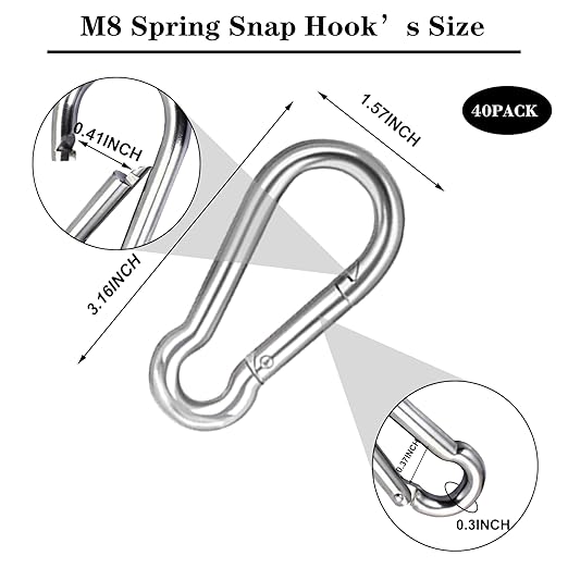 40 PCS 3'' Spring Snap Hook Carabiner, M8 5/16 Inch Galvanized Silver Steel - Image 2