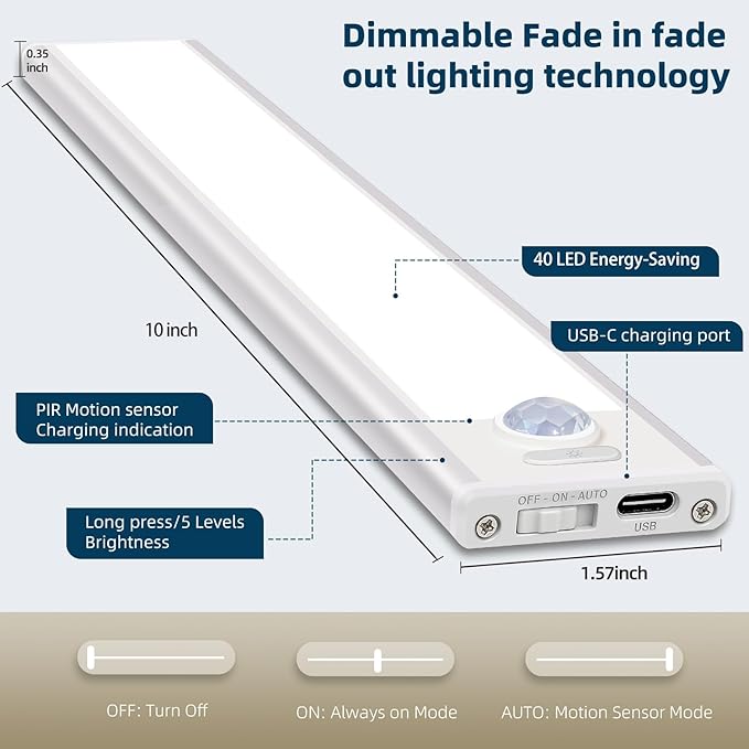 10inch Under Cabinet Lighting, 4 Pack Rechargeable Motion Sensor Light Indoor - Image 6