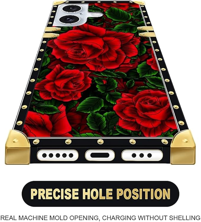 Compatible with iPhone 16 Plus Case, Vector Red Rose Green Leaf Luxury Golden - Image 4