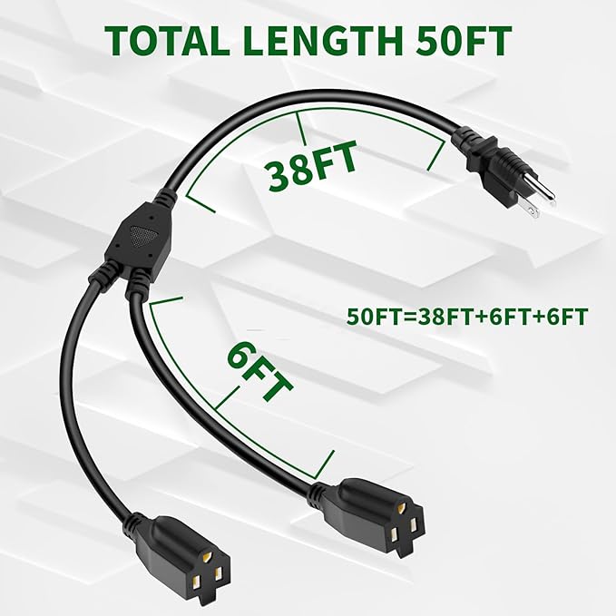 2 Way Power Extension Cord Splitter 50 Ft Total-3 Prong 1 to 2 Extension Cord - Image 2