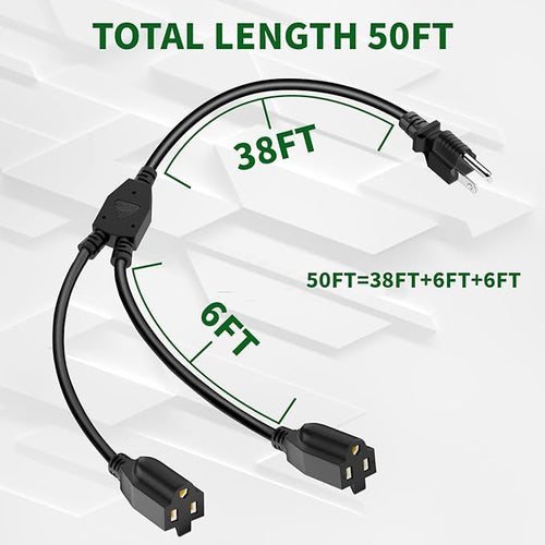 2 Way Power Extension Cord Splitter 50 Ft Total-3 Prong 1 to 2 Extension Cord - Image 2