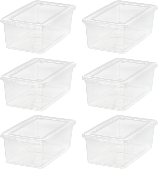 IRIS USA 6-Pack Storage Bins with Lids, 6 Quart, Shoe Boxes Clear Stackable Containers Organize Shoes Closet Shelves, Classroom Organization Teacher Tools, Game Storage - BPA-Free Plastic