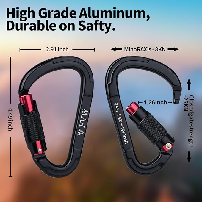 FVW Auto Locking Rock Climbing Carabiner Clips, Professional 25KN Heavy Duty - Image 2